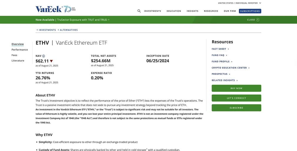4.ETF Ethereum VanEck ETF ETHV):ETF sólidoETF Spot para inversores institucionales