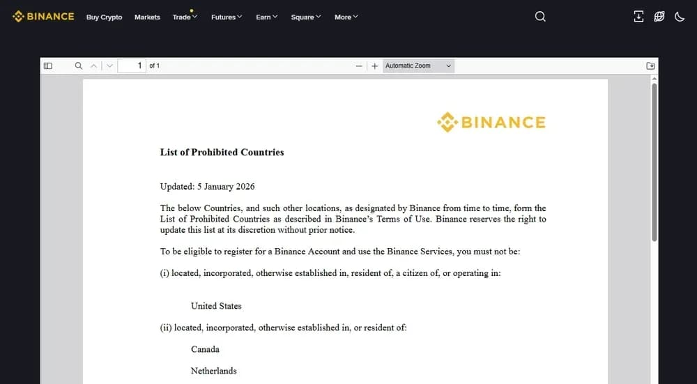 In welchen Ländern gelten Binance ?
