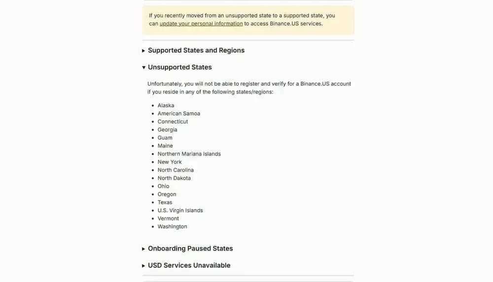 Staaten, in denen Binance US ist