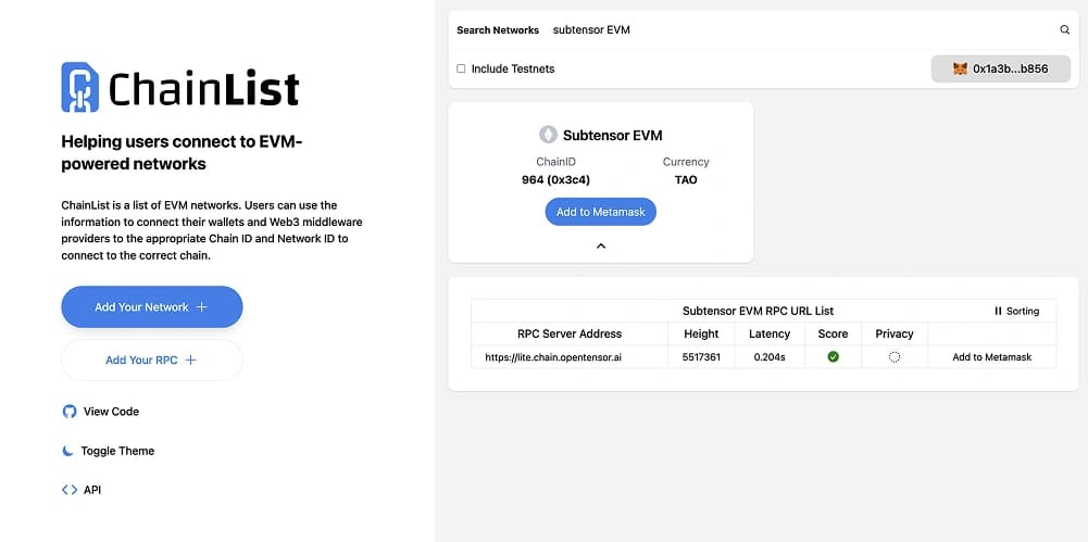 Ajouter Bittensor EVM MetaMask