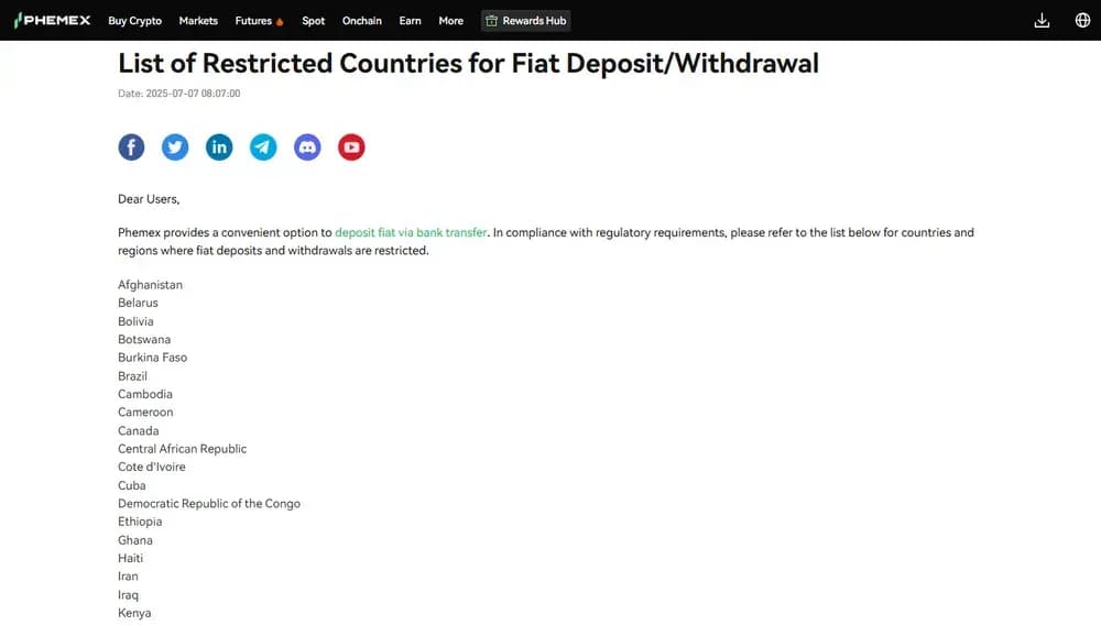Lista de países Phemex