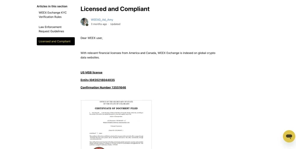 WEEX Licenses