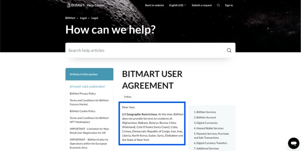 BitMart Restricted Countries