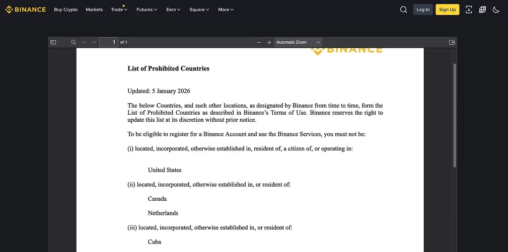 Welche Länder schränkt Binance ein?